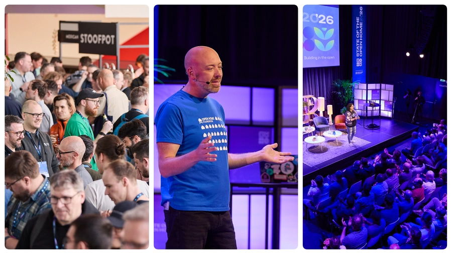 A three-panel collage showing a busy conference crowd networking, Open Home Foundation President Paulus Schoutsen speaking on stage in a blue T-shirt, and a large seated audience watching a talk under blue lighting.