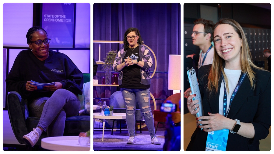 Three members of the new Community Department at an event: Melissa Thermidor seated on a stage set holding notes, Missy Quarry speaking on stage, and Florencia Martin smiling while holding a clipboard and wearing a staff badge.