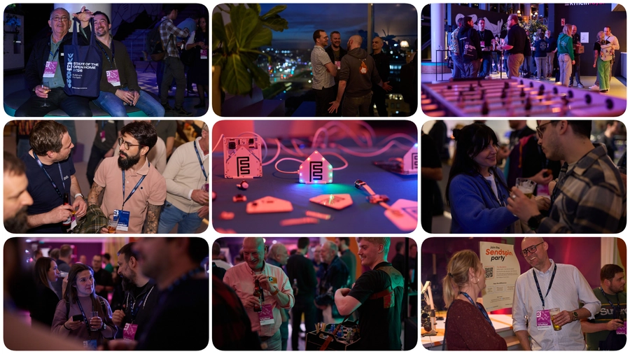 Collage of post-event scenes showing attendees in small groups talking and socializing over drinks, interacting with smart home device demos, and chatting in softly lit indoor and evening settings.