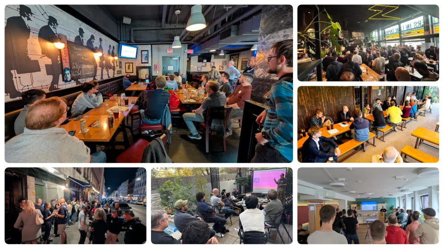 A collage of photos from Community Day 2025 meetups, showing groups of attendees gathered in bars, cafés, gardens, and offices around the world.