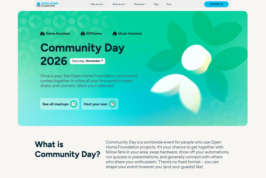 The new Community Day 2026 webpage: a green header with the Home Assistant, ESPHome, and Music Assistant logos, the heading “Community Day 2026, Saturday, November 7”, and buttons to see all meetups or host your own, above the “What is Community Day?” section.