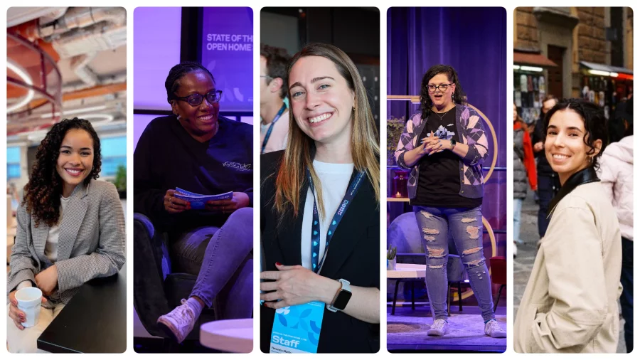 Portraits of the five members of the Community department: Isabelle, Melissa, Florencia, Missy, and Inês.