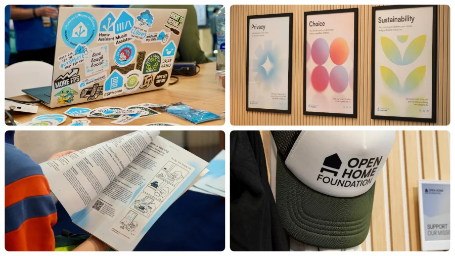 A collage of booth giveaways: a sticker-covered laptop, the three principle posters, the magazine, and a branded cap.