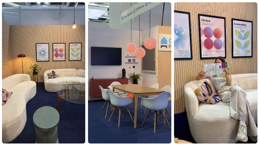 Three views of the booth: curved cream sofas under framed Privacy, Choice, and Sustainability posters, and a meeting table.