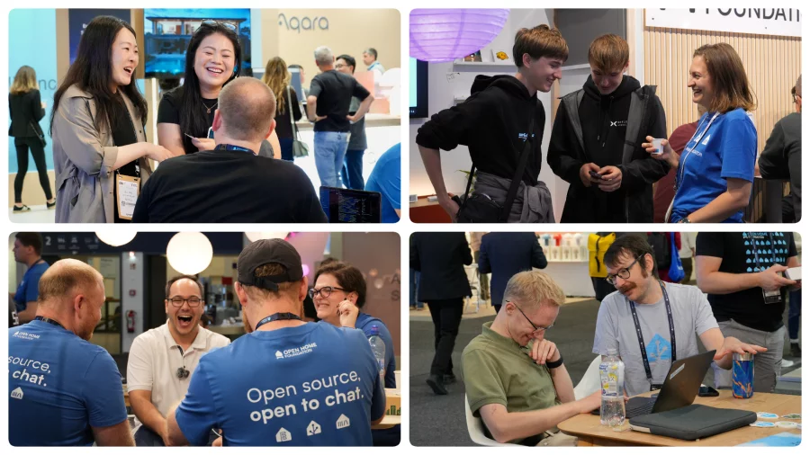 A collage of visitors laughing and talking with booth staff in blue “Open source, open to chat” T-shirts.