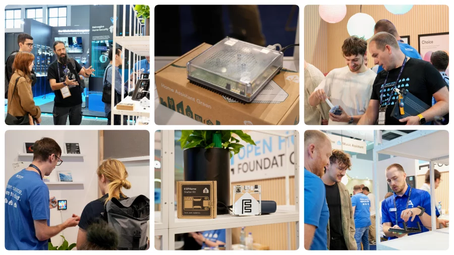 A collage of tech demos: a Home Assistant Green, an ESPHome starter kit, and staff showing devices to visitors.