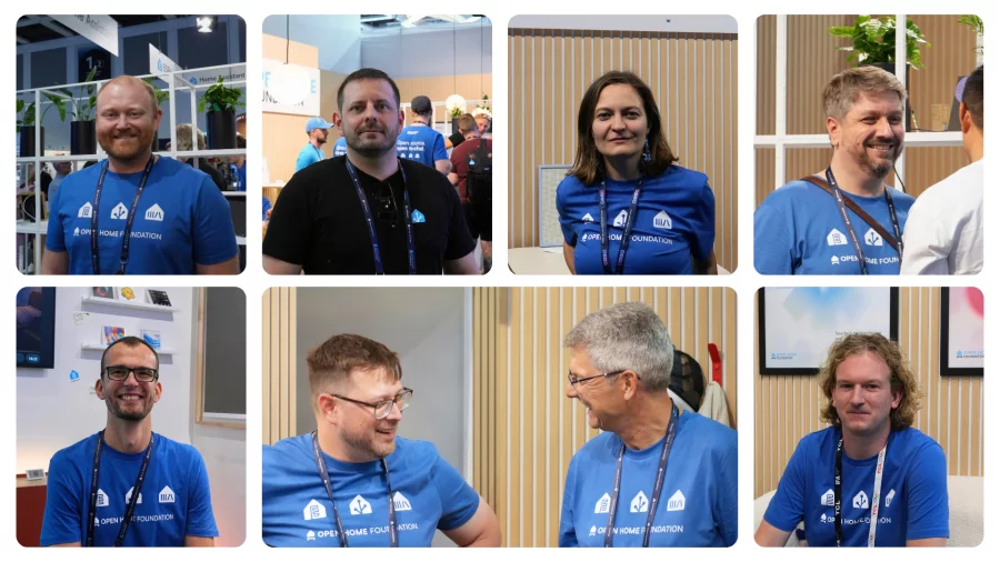 A grid of eight portraits of smiling community volunteers wearing Open Home Foundation T-shirts and lanyards at the IFA booth.