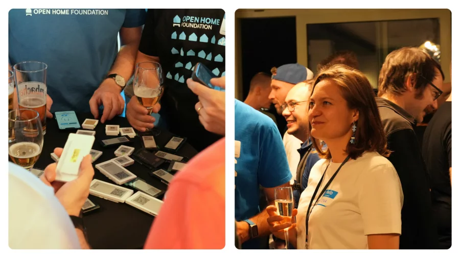 Community members at a Berlin meetup, gathered around a table of drinks and smart home devices, and chatting in a crowded room.